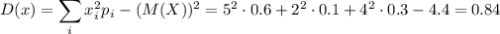 D(x)=\displaystyle \sum_ix_i^2p_i-(M(X))^2=5^2\cdot 0.6+2^2\cdot0.1+4^2\cdot 0.3-4.4=0.84