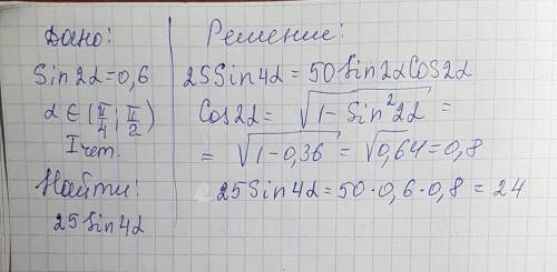 Найдите значение выражения 25 sin 4a ,если sin 2a = 0,6 а принадлежит (pi/4; pi/2)