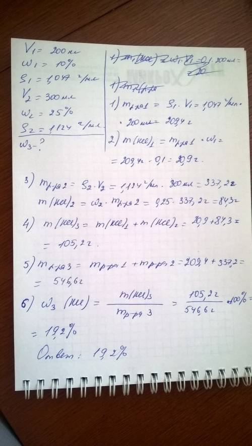 Смешали 200 мл 10% ного (p=1,047г/мл) и 300 мл 25% ного (p=1,124г/мл) растворов hcl. найдите массову