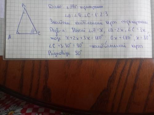 Кути трикутника пропорційні до чисел 1,2,3. чому дорівнює найбільший кут трикутника?