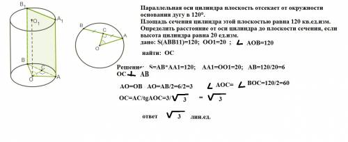 Параллельная оси цилиндра плоскость отсекает от окружности основания дугу в 120°. площадь сечения ци