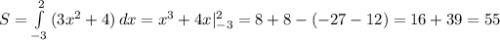 S=\int\limits^2_{-3} {(3x^2+4)} \, dx =x^3+4x|^2_{-3}=8+8-(-27-12)=16+39=55