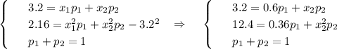 \displaystyle \begin{cases} \ & \text{ } 3.2=x_1p_1+x_2p_2 \\ & \text{ } 2.16=x_1^2p_1+x_2^2p_2-3.2^2\\ & \text{ } p_1+p_2=1 \end{cases}~~\Rightarrow~~~\begin{cases} \ & \text{ } 3.2=0.6p_1+x_2p_2 \\ & \text{ } 12.4=0.36p_1+x_2^2p_2 \\ & \text{ } p_1+p_2=1 \end{cases}