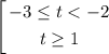 $\left[ \begin{gathered} -3 \le t < -2 \\ t \ge 1 \\ \end{gathered} \right.$