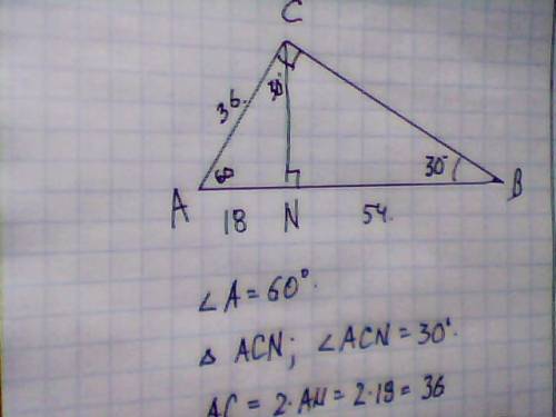 Впрямоугольном треугольнике авс , угол с=90°,угол в=30°,сn-высота . найдите nb , если аnokia =18 см