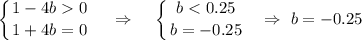 \displaystyle \left \{ {{1-4b0} \atop {1+4b=0}} \right. ~~~\Rightarrow~~~\left \{ {{b