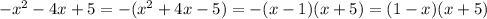 -x^{2} -4x+5=-(x^{2} +4x-5)=-(x-1)(x+5)=(1-x)(x+5)