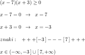 (x-7)(x+3)\geq 0\\\\x-7=0\; \; \to \; \; x=7\\\\x+3=0\; \; \to \; \; x=-3\\\\znaki:\; \; \; +++[-3\, ]---[\, 7\, ]+++\\\\x\in (-\infty ,-3\, ]\cup [\, 7,+\infty )