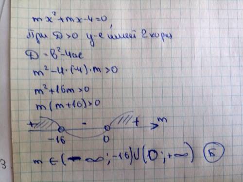 При каких значениях m уравнение mx^2+mx-4=0 имеет два корня? а)[0; 16] ∞; -16)y(0; +∞) ∞: 0)y[16; +∞