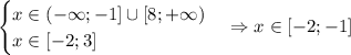 \begin {cases} x \in (- \infty; -1] \cup [8;+ \infty) \\ x \in [-2; 3] \end {cases} \Rightarrow x \in [-2;-1]