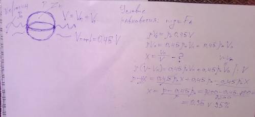 Полый цинковый шар плавает в керосине, погрузившись в него на 45 % своего объёма. определите, какую