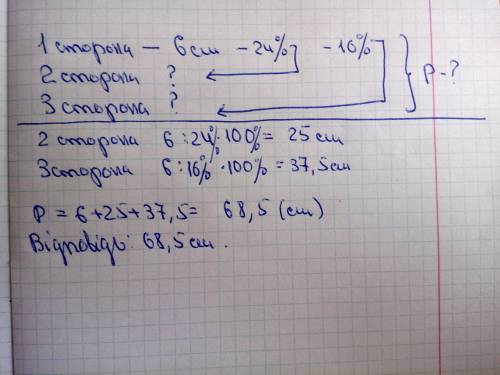 Утрихкутнику одна сторона доривнюе 6 см. довжина становить 24% довжина другой сторони 16% довжина тр