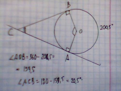Из концов дуги в 200 градусов 30’ проведены касательные до взаимного пересечения. определить угол ме
