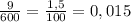 \frac{9}{600} =\frac{1,5}{100} =0,015