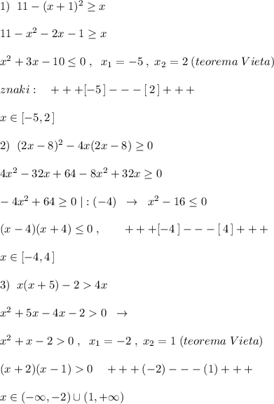 1)\; \; 11-(x+1)^2\geq x\\\\11-x^2-2x-1\geq x\\\\x^2+3x-10\leq 0\; ,\; \; x_1=-5\; ,\; x_2=2\; (teorema\; Vieta)\\\\znaki:\quad +++[-5\, ]---[\, 2\, ]+++\\\\x\in [-5,2\, ]\\\\2)\; \; (2x-8)^2-4x(2x-8)\geq 0\\\\4x^2-32x+64-8x^2+32x\geq 0\\\\-4x^2+64\geq 0\; |:(-4)\; \; \to \; \; x^2-16\leq 0\\\\(x-4)(x+4)\leq 0\; ,\qquad +++[-4\, ]---[\, 4\, ]+++\\\\x\in [-4,4\, ]\\\\3)\; \; x(x+5)-24x\\\\x^2+5x-4x-20\; \; \to \\\\x^2+x-20\; ,\; \; x_1=-2\; ,\; x_2=1\; (teorema\; Vieta)\\\\(x+2)(x-1)0\quad +++(-2)---(1)+++\\\\x\in (-\infty ,-2)\cup (1,+\infty )