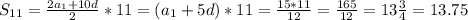 S_{11}=\frac{2a_{1}+10d}{2}*11=(a_{1}+5d)*11=\frac{15*11}{12}=\frac{165}{12}=13\frac{3}{4}=13.75