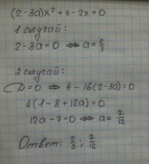 Найти все значения параметра a при которых уравнение (2-3а)x^2+4-2x+0 имеет единственное решeние