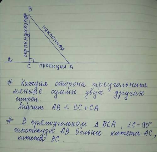 Скажите , наклонная меньше проекции и перпендикуляра? объясните