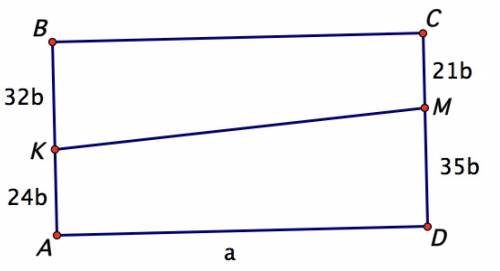 Впрямоугольнике авсd точка к делит слорону ab в отношении ak: kb=3: 4, а точка м делит сторону сd в