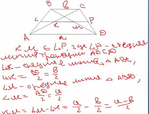 Втрапеции с основаниями a и b (a> b) проведён отрезок a1b1, соединяющий середины диагоналей. найд