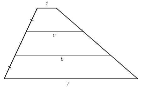 Две прямые,параллельные основаниям трапеции разбивают одну из боковых сторон на три равные частию.че