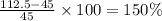 \frac{ 112.5 - 45}{45} \times 100 = 150\%