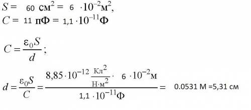Площадь каждой пластины плоского воздушного конденсатора равна 60см2. на каком расстоянии находятся