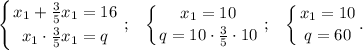 \displaystyle \left \{ {{x_1+\frac{3}{5}x_1=16} \atop {x_1 \cdot \frac{3}{5}x_1=q}} \right. ; \;\;\; \left \{ {{x_1=10} \atop {q=10 \cdot \frac{3}{5} \cdot 10}} \right. ; \;\;\; {\left \{ {{x_1=10} \atop {q=60}} \right.}.