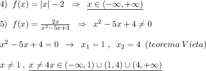 4)\; \; f(x)=|x|-2\; \; \Rightarrow \; \; \underline {x\in (-\infty ,+\infty )}\\\\5)\; \; f(x)=\frac{2x}{x^2-5x+4}\; \; \Rightarrow \; \; x^2-5x+4\ne 0\\\\x^2-5x+4=0\; \; \to \; \; x_1=1\; ,\; \; x_2=4\; \; (teorema\; Vieta)\\\\x\ne 1\; ,\; \underline {x\ne 4\\\\x\in (-\infty ,1)\cup (1,4)\cup (4,+\infty )}