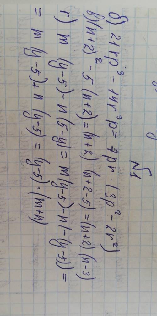 Разложите на множители. б) 21rp^3-14r^3p в)(n+2)^2-5(n+2) г)m(y-5)-n(5-y)