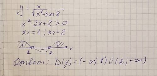 Найти область определения функции y=x \корень x^2-3x+2