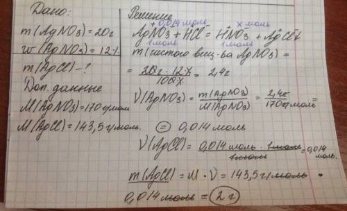 Найти массу осадка, которая образуется при взаимодействии нитрата серебра массой 20г с массовой доле