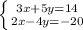 \left \{ {{3x+5y=14} \atop {2x-4y=-20}} \right.