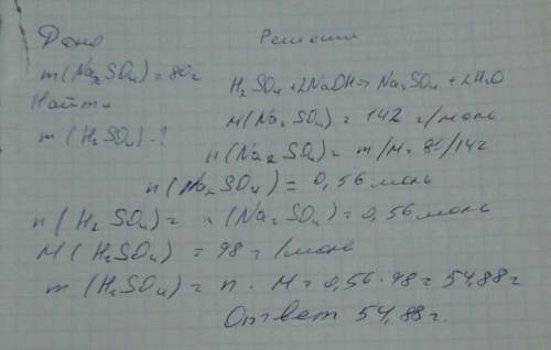 Определить массу серной кислоты необходимую для получения 80 гр сульфата натрия