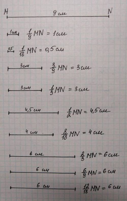 Длина отрезка mn 9см. начертите отрезки длины которых составляют 1/9 1/18 3/9 1/3 1/2 8/18 2/3 6/9 1