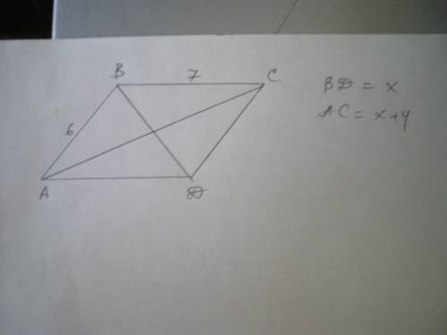 35 ! сторони паралелограма дорівнюють 6 і 7 см.знайдіть діагоналі,якщо одна з них довша за іншу на 4