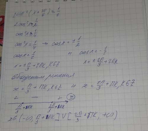 Найдите решение тригоном.неравенства: 2sin^2 (x+3pi/2) ≥ 1/2