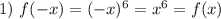 1)~ f(-x)=(-x)^6=x^6=f(x)