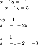 x + 2y = - 1 \\ - x + 2y = 5 \\ \\ 4y = 4 \\ x = - 1 - 2y \\ \\ y = 1 \\ x = - 1 - 2 = - 3