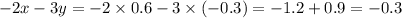 - 2x - 3y = - 2 \times 0.6 - 3 \times ( - 0.3) = - 1.2 + 0.9 = - 0.3