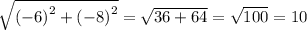 \sqrt{ {( - 6)}^{2} + {( - 8)}^{2} } = \sqrt{36 + 64} = \sqrt{100} = 10