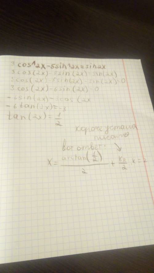 Решите уравнение: 3cos^2 x-5sin^2x=sin2x