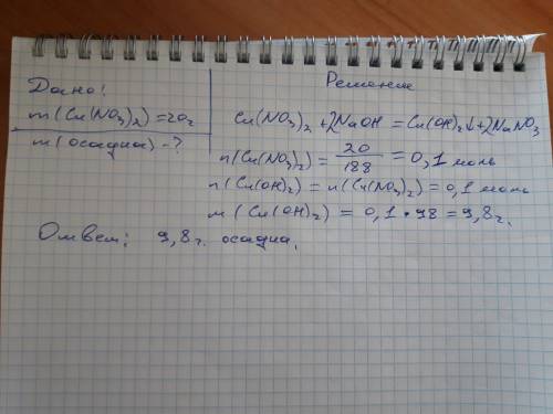 Мне надо найти массу осадка , который образуется при добавлении к р-ру нитрата меди содержащему 20г