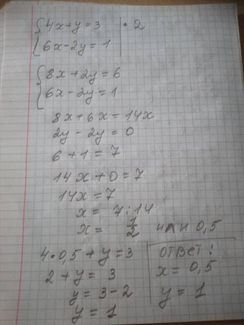 Решите систему уравнение: 4х+у=3. 6х-2у=1.