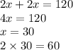 2x + 2x = 120 \\ 4x = 120 \\ x = 30 \\ 2 \times 30 = 60 \\