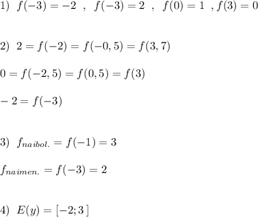 1)\; \; f(-3)=-2\; \; ,\; \; f(-3)=2\; \; ,\; \; f(0)=1\; \; ,f(3)=0\\\\\\2)\; \; 2=f(-2)=f(-0,5)=f(3,7)\\\\0=f(-2,5)=f(0,5)=f(3)\\\\-2=f(-3)\\\\\\3)\; \; f_{naibol.}=f(-1)=3\\\\f_{naimen.}=f(-3)=2\\\\\\4)\; \; E(y)=[-2;3\, ]