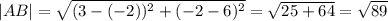 |AB|=\sqrt{(3-(-2))^2+(-2-6)^2}=\sqrt{25+64}=\sqrt{89}