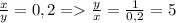 \frac{x}{y}=0,2=\frac{y}{x}=\frac{1}{0,2}=5