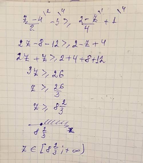 Решите неравенство. z-4/2 - 3≥ 2-z/4 +1