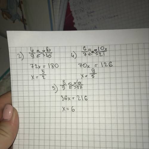 Найдите x в пропорциях; 2) 4/9=8x/45 4) 6/7=10x/21 5) 8/9=4x/27